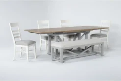 Ozzie 72-100" Extension Dining With Bench + White Side Chair Set For 6 -Home Furniture 268233 grey fabric dining set side 19