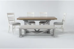 Ozzie 72-100" Extension Dining With Bench + White Side Chair Set For 6