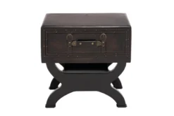 Traditional Espresso Brown Wood & Leather End Table With Drawer, Buckles & Decorative Studs