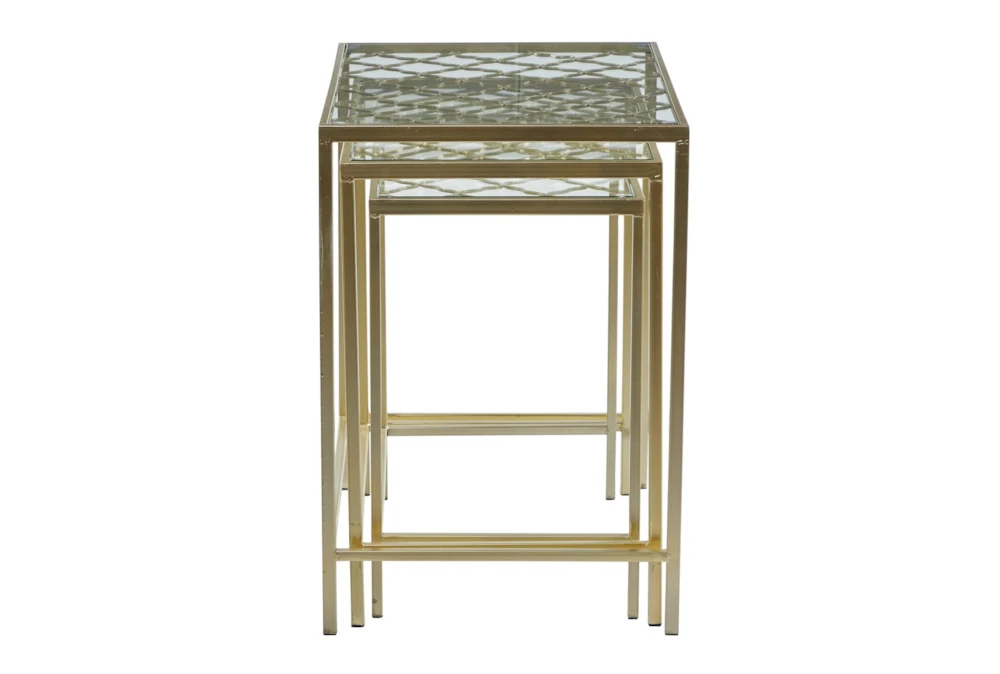 Metallic Gold Metal & Glass Nesting Accent Tables With Quatrefoil Grid Pattern-Set Of 3 2 Metallic Gold Metal & Glass Nesting Accent Tables With Quatrefoil Grid Pattern-Set Of 3 - Image 2