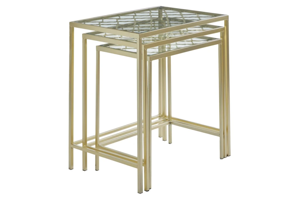 Metallic Gold Metal & Glass Nesting Accent Tables With Quatrefoil Grid Pattern-Set Of 3 3 Metallic Gold Metal & Glass Nesting Accent Tables With Quatrefoil Grid Pattern-Set Of 3 - Image 3