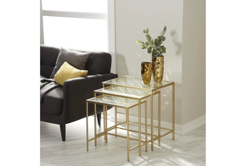Metallic Gold Metal & Glass Nesting Accent Tables With Quatrefoil Grid Pattern-Set Of 3 5 Metallic Gold Metal & Glass Nesting Accent Tables With Quatrefoil Grid Pattern-Set Of 3 - Image 5