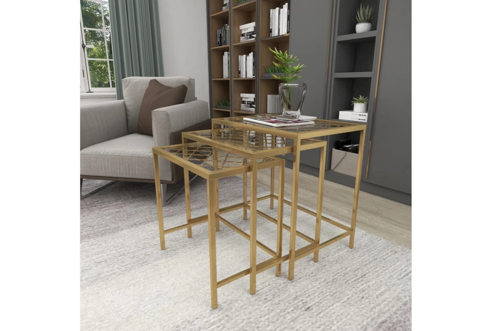 Metallic Gold Metal & Glass Nesting Accent Tables With Quatrefoil Grid Pattern-Set Of 3 11 Metallic Gold Metal & Glass Nesting Accent Tables With Quatrefoil Grid Pattern-Set Of 3 - Image 11