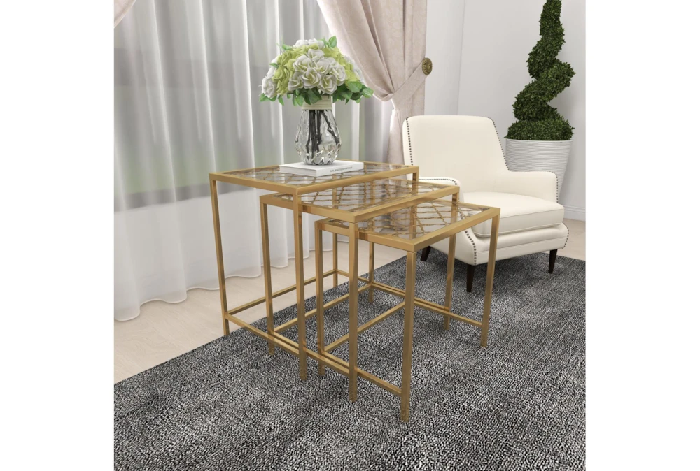 Metallic Gold Metal & Glass Nesting Accent Tables With Quatrefoil Grid Pattern-Set Of 3 12 Metallic Gold Metal & Glass Nesting Accent Tables With Quatrefoil Grid Pattern-Set Of 3 - Image 12