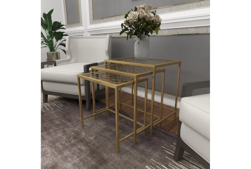 Metallic Gold Metal & Glass Nesting Accent Tables With Quatrefoil Grid Pattern-Set Of 3 13 Metallic Gold Metal & Glass Nesting Accent Tables With Quatrefoil Grid Pattern-Set Of 3 - Image 13