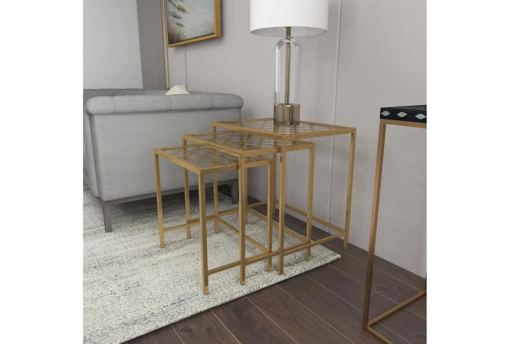 Metallic Gold Metal & Glass Nesting Accent Tables With Quatrefoil Grid Pattern-Set Of 3 14 Metallic Gold Metal & Glass Nesting Accent Tables With Quatrefoil Grid Pattern-Set Of 3 - Image 14