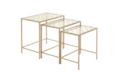 Metallic Gold Metal & Glass Nesting Accent Tables With Quatrefoil Grid Pattern-Set Of 3