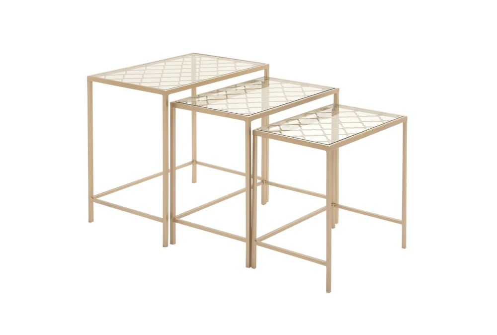 Metallic Gold Metal & Glass Nesting Accent Tables With Quatrefoil Grid Pattern-Set Of 3 1 Metallic Gold Metal & Glass Nesting Accent Tables With Quatrefoil Grid Pattern-Set Of 3