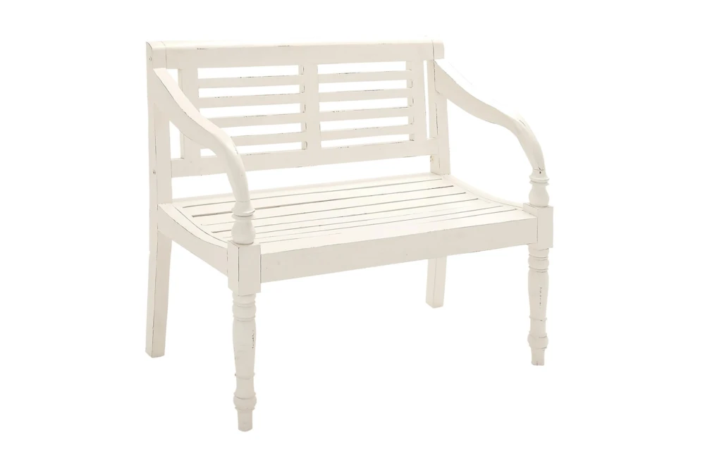 40" White Antiqued Wood Slat Back Bench 2 40" White Antiqued Wood Slat Back Bench - Image 2