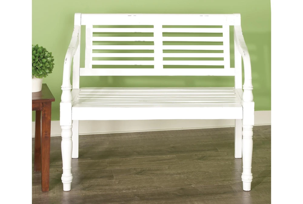 40" White Antiqued Wood Slat Back Bench 3 40" White Antiqued Wood Slat Back Bench - Image 3