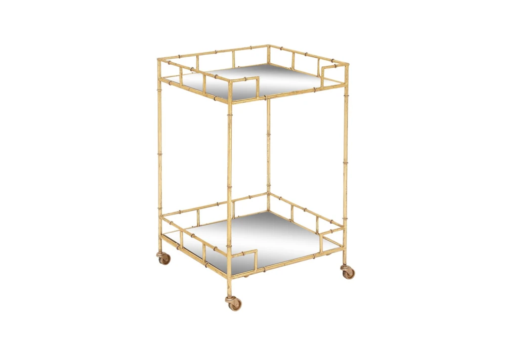 30" Gold + Mirror Bamboo Detail Square Bar Cart 2 30" Gold + Mirror Bamboo Detail Square Bar Cart - Image 2