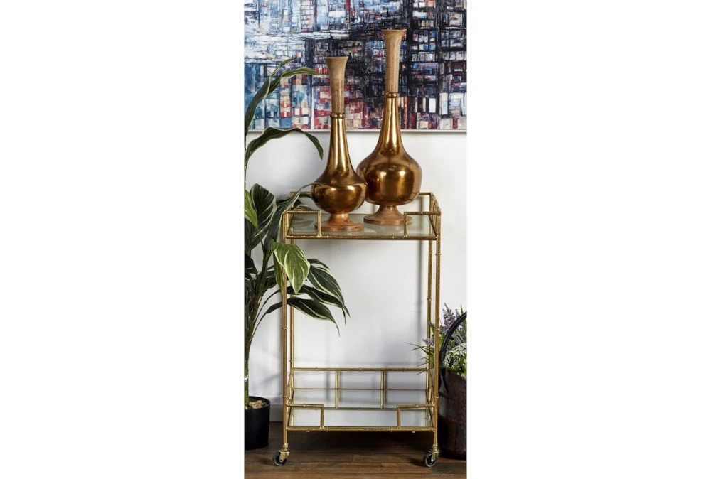 30" Gold + Mirror Bamboo Detail Square Bar Cart 3 30" Gold + Mirror Bamboo Detail Square Bar Cart - Image 3