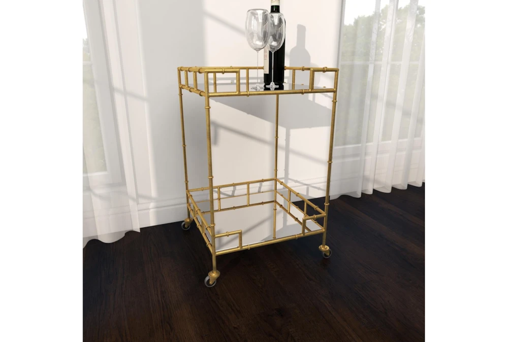 30" Gold + Mirror Bamboo Detail Square Bar Cart 9 30" Gold + Mirror Bamboo Detail Square Bar Cart - Image 9