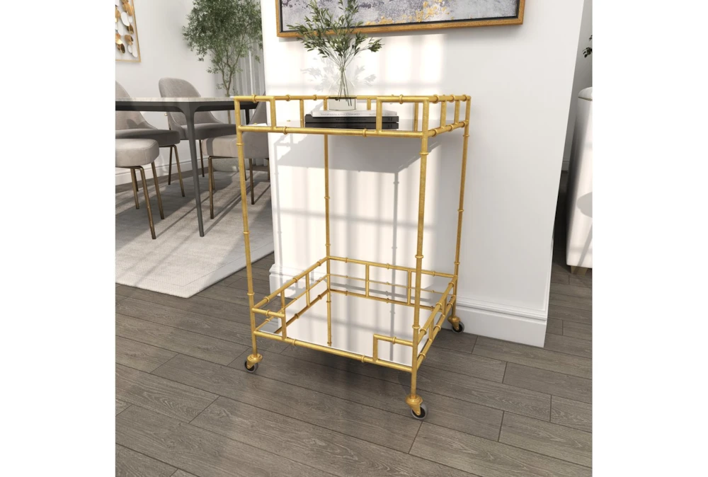 30" Gold + Mirror Bamboo Detail Square Bar Cart 10 30" Gold + Mirror Bamboo Detail Square Bar Cart - Image 10
