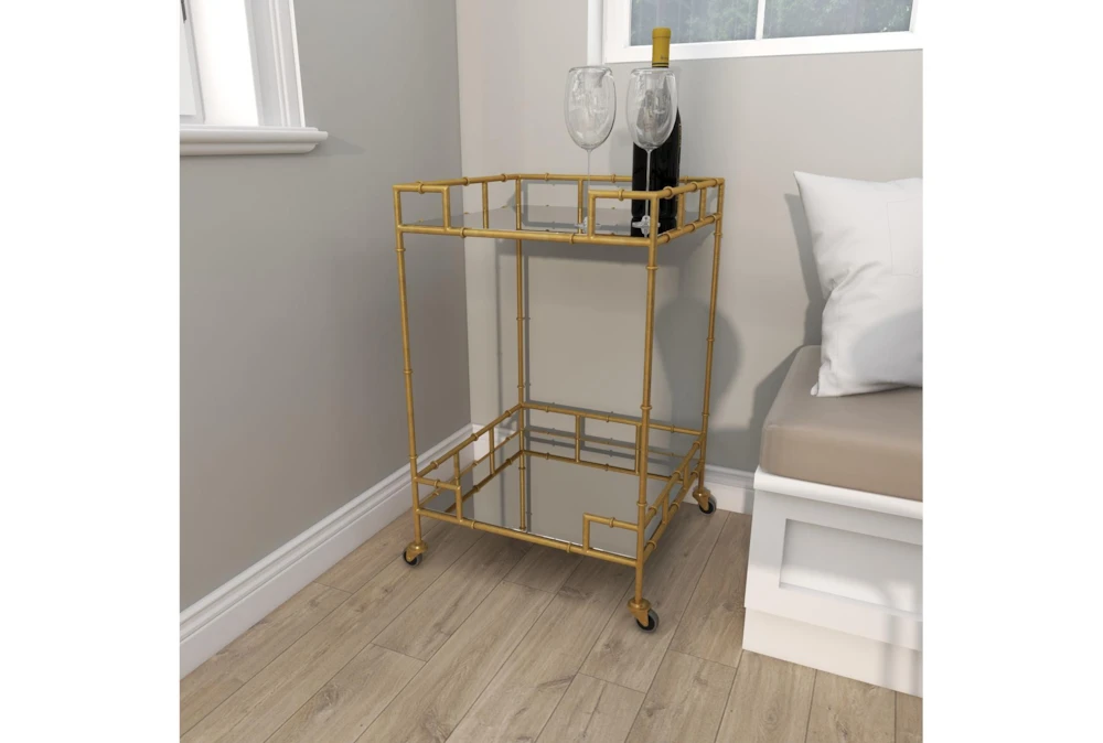 30" Gold + Mirror Bamboo Detail Square Bar Cart 11 30" Gold + Mirror Bamboo Detail Square Bar Cart - Image 11