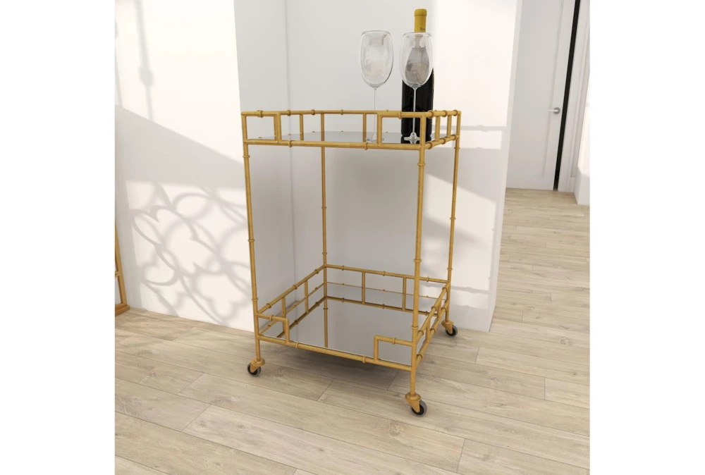 30" Gold + Mirror Bamboo Detail Square Bar Cart 12 30" Gold + Mirror Bamboo Detail Square Bar Cart - Image 12
