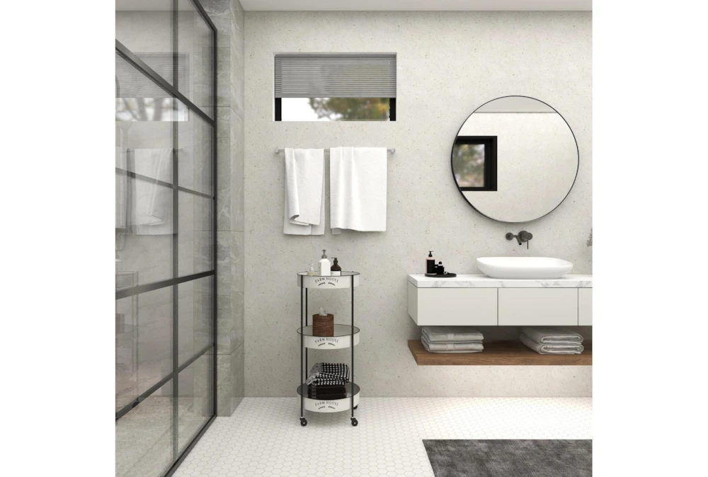 Round White Iron 3 Tier Farmhouse Rolling Storage Cart 8 Round White Iron 3 Tier Farmhouse Rolling Storage Cart - Image 8