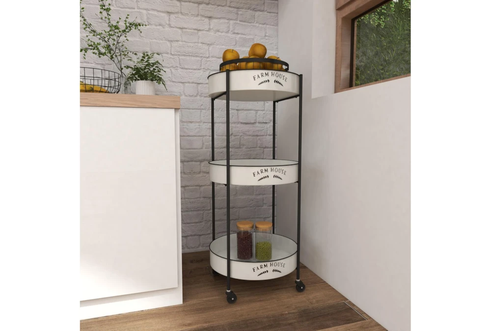 Round White Iron 3 Tier Farmhouse Rolling Storage Cart 10 Round White Iron 3 Tier Farmhouse Rolling Storage Cart - Image 10