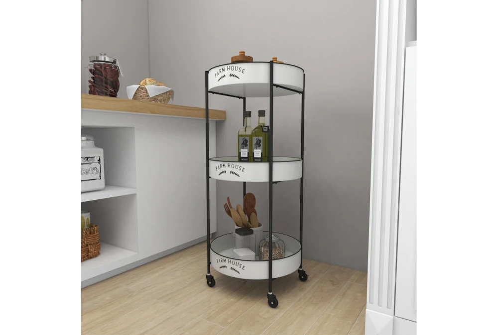 Round White Iron 3 Tier Farmhouse Rolling Storage Cart 12 Round White Iron 3 Tier Farmhouse Rolling Storage Cart - Image 12