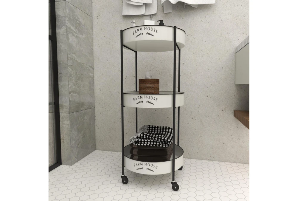 Round White Iron 3 Tier Farmhouse Rolling Storage Cart 13 Round White Iron 3 Tier Farmhouse Rolling Storage Cart - Image 13