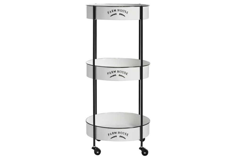 Round White Iron 3 Tier Farmhouse Rolling Storage Cart 1 Round White Iron 3 Tier Farmhouse Rolling Storage Cart