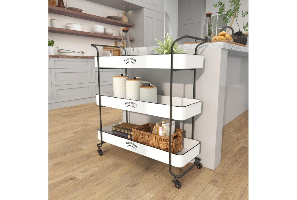 Rectangular White Iron 3 Tier Farmhouse Rolling Storage Cart 11 Rectangular White Iron 3 Tier Farmhouse Rolling Storage Cart - Image 11