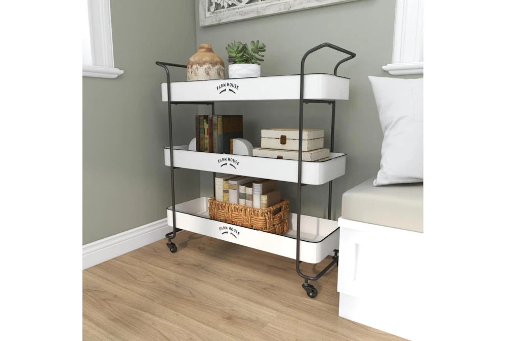 Rectangular White Iron 3 Tier Farmhouse Rolling Storage Cart 12 Rectangular White Iron 3 Tier Farmhouse Rolling Storage Cart - Image 12