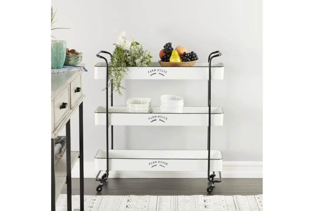 Rectangular White Iron 3 Tier Farmhouse Rolling Storage Cart 5 Rectangular White Iron 3 Tier Farmhouse Rolling Storage Cart - Image 5