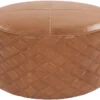 28 Diameter Round Camel Leather Quilted Pouf Ottoman