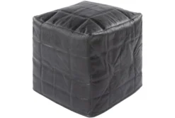 18X18 Black Pieced Leather Square Check Stitched Pouf Ottoman