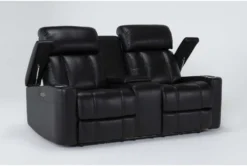 Eastwood Midnight 75" Power Reclining Storage Console Loveseat With Power Headrest & USB -Home Furniture 290155 black polyester console loveseat side 19
