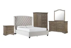 Mariah King Velvet Upholstered 5 Piece Bedroom Set With Chapman Dresser, Mirror, Wardrobe + 3-Drawer Nightstand