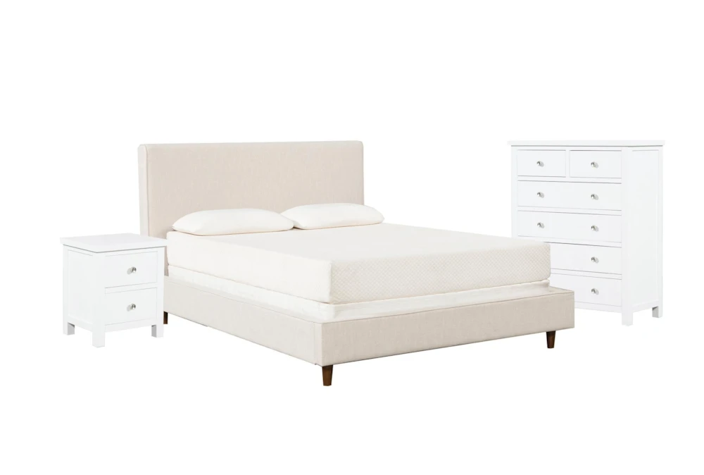 Dean Sand Queen Upholstered 3 Piece Bedroom Set With Larkin White Chest Of Drawers + Nightstand 1 Dean Sand Queen Upholstered 3 Piece Bedroom Set With Larkin White Chest Of Drawers + Nightstand
