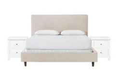 Dean Sand Queen Upholstered 3 Piece Bedroom Set With 2 Larkin White Nightstands