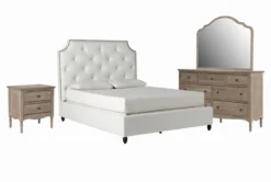 Sophia II Queen Upholstered Panel 4 Piece Bedroom Set With Deliah Dresser, Mirror + 3-Drawer Nightstand