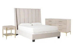 Topanga Grey Queen Velvet Upholstered Panel 3 Piece Bedroom Set With Camila Dresser + Nightstand