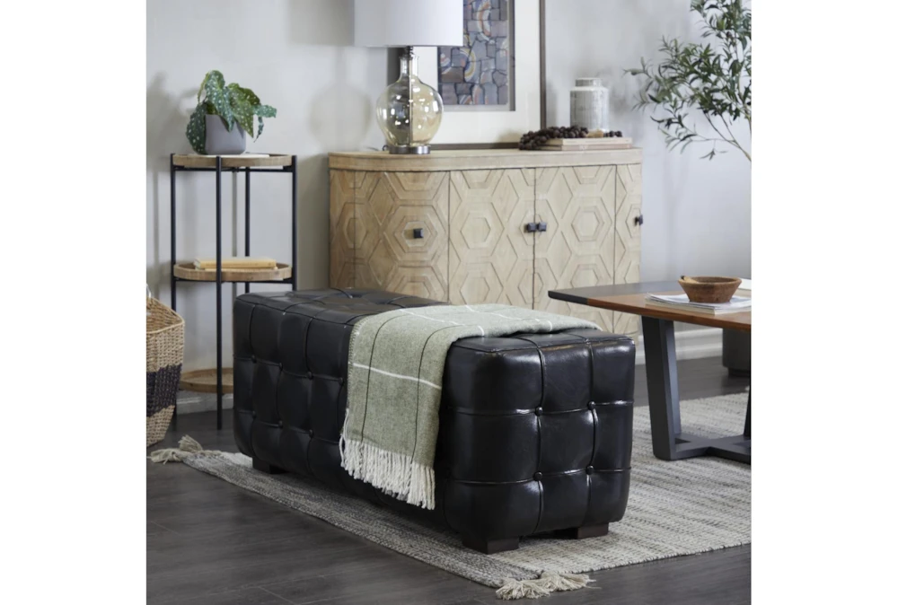 48" Black Leather & Teak Wood Bench 5 48" Black Leather & Teak Wood Bench - Image 5