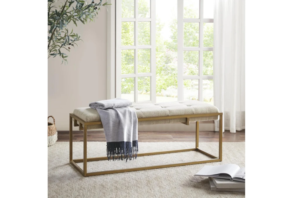 45" Cream Button-Tufted Upholstered Metal Base Accent Bench 8 45" Cream Button-Tufted Upholstered Metal Base Accent Bench - Image 8