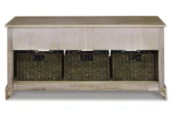 42" White Wash Engineered Wood Storage Bench With Three Woven Baskets -Home Furniture 321971 back 82